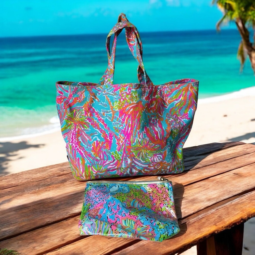Lilly Pulitzer Floral Scuba to Cuba Tote Bag Travel Weekender Bag Pouch 2 Piece